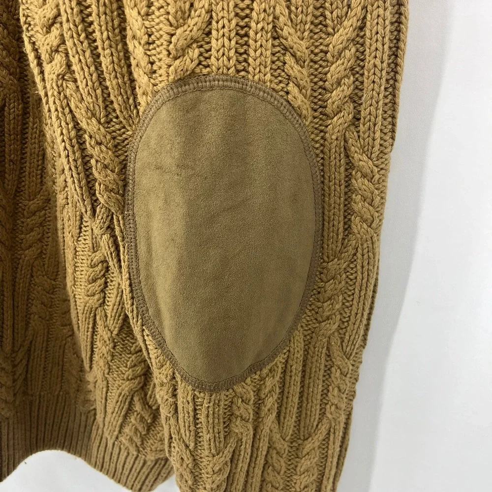 Cabela's Mens 2XL Brown Cable Knit Toggle Fleece Lined Sweater Elbow Patches